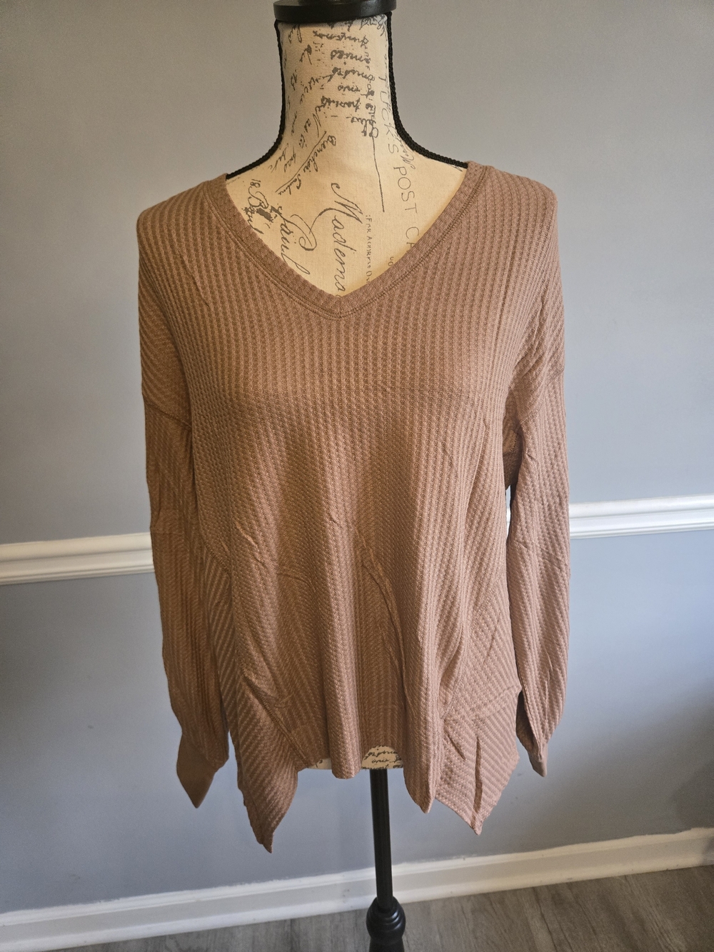 Waffle Knit V-Neck Pullover Sweater - Dusty Rose Brown
